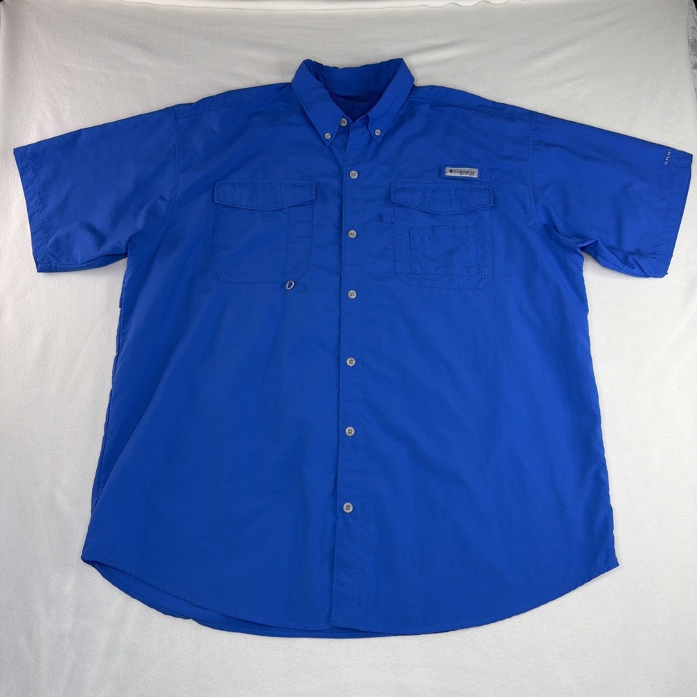 Columbia PFG Fishing Shirt Men's Blue Vented Short Sleeve Button Front Nylon
